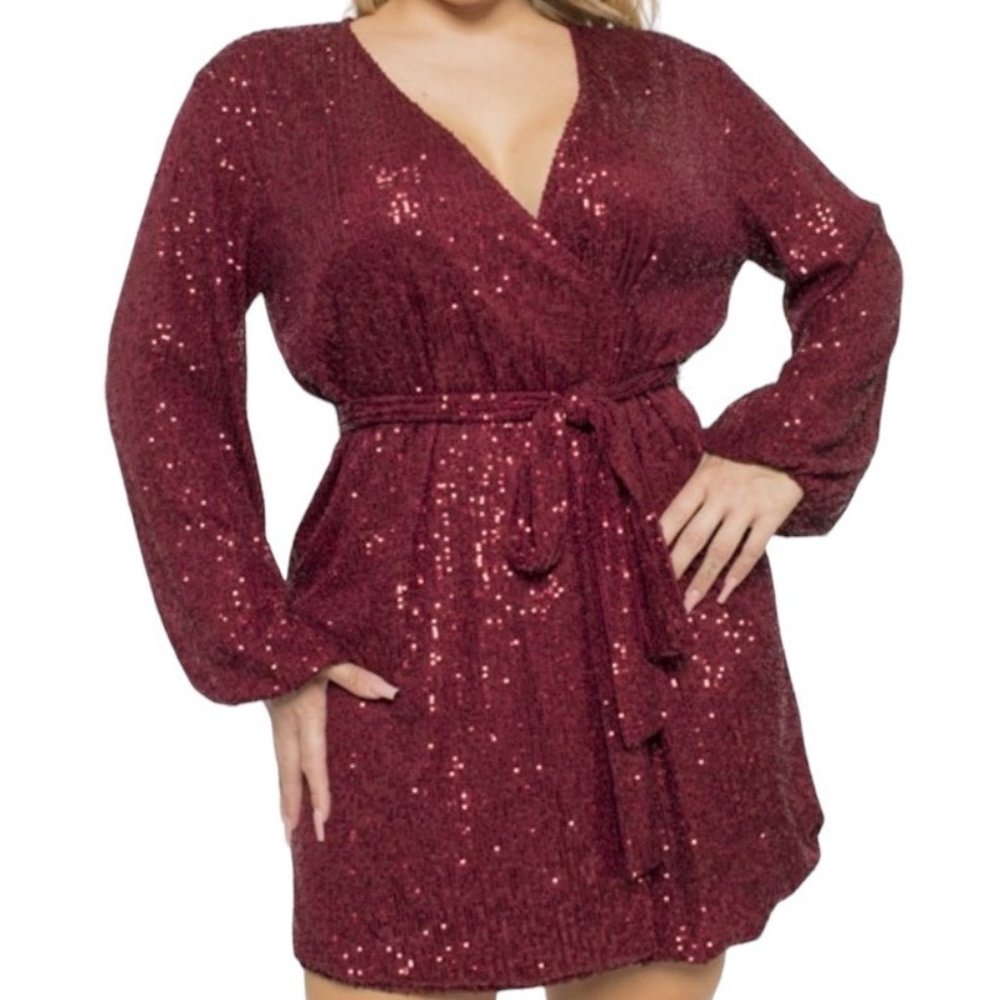 Curve Market Long Sleeve Surplice Sequin Mini Wrap Dress Red Size 3X NWT
